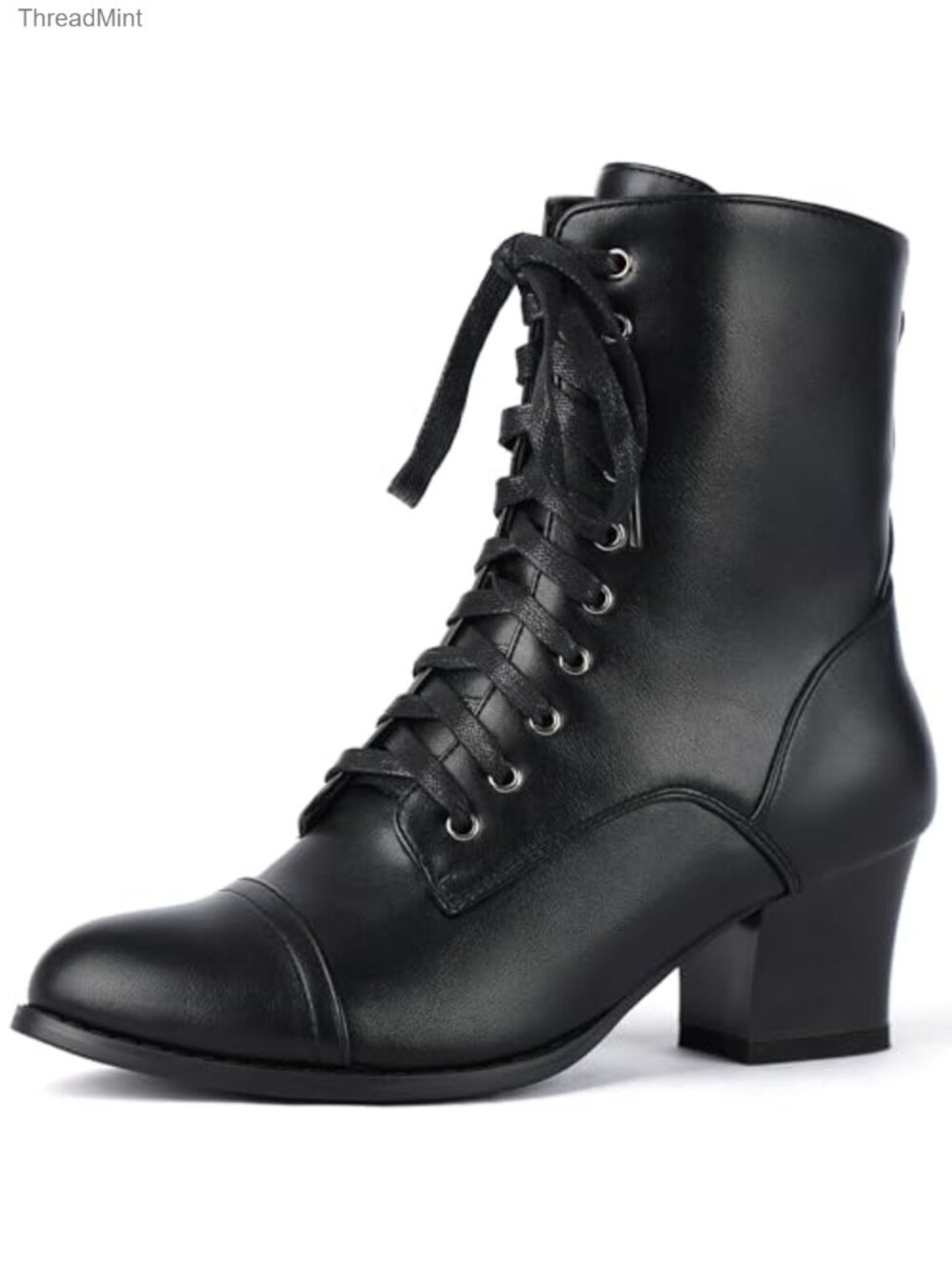 Victorian Ankle Boots Women Lace Up Side Zip Block Heel Faux Leather